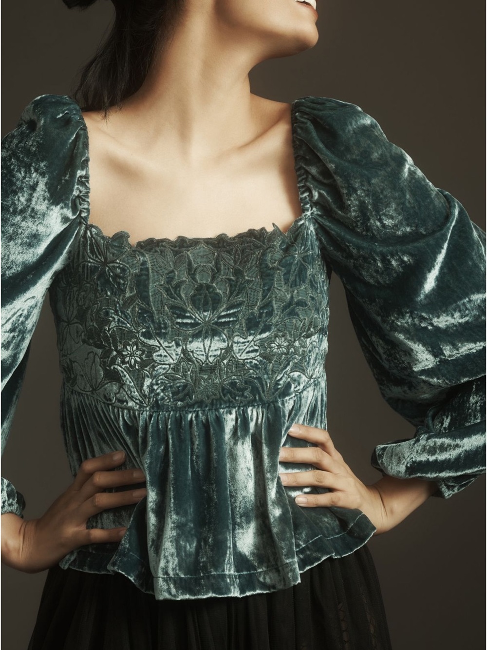 Anthropologie luxe Velvet cutwork Smocked Square-Neck Top small